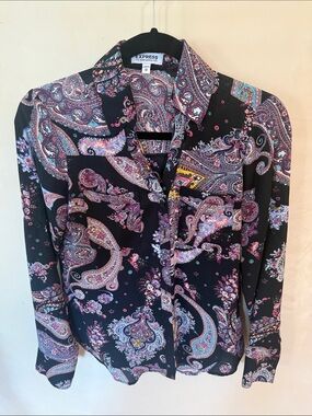 Express Black Button-Down Shirt with Pink & Purple Paisley Print